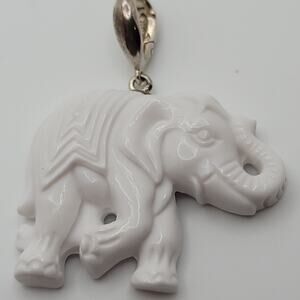 925 WK Carved White Stone Elephant Pendant
